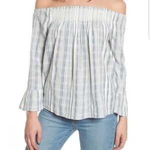 Roxy Off the Shoulder Peasant Smocked Top Size‎ L Blue White Striped Boho
